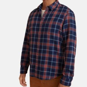 Marine Layer Men's Indigo Red Plaid Long Sleeve Button Down Cotton Shirt